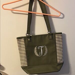 Letter (T)Olive Green Tote Bag with Striped Accents